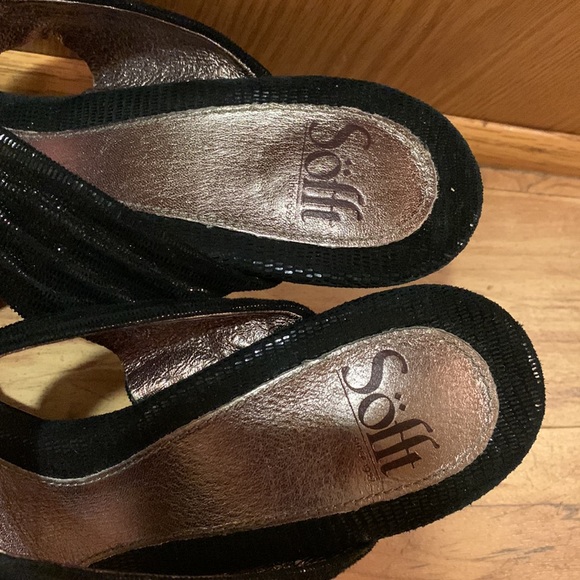 Sofft 9.5 black leather two strap sandals slide 4” high heels shimmery sexy EUC - Picture 7 of 14